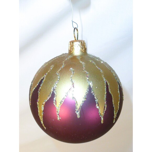 LOT of 4 Glass Ornaments Burgundy & Gold Mouth Blown Hand Painted Balls - Picture 3 of 5